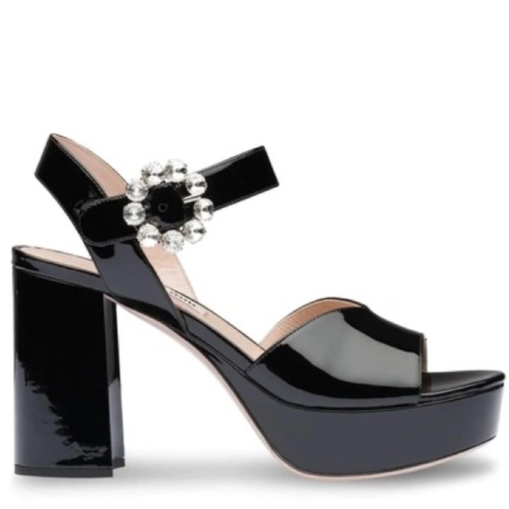 Miu Miu embellished black patent leather platform heel